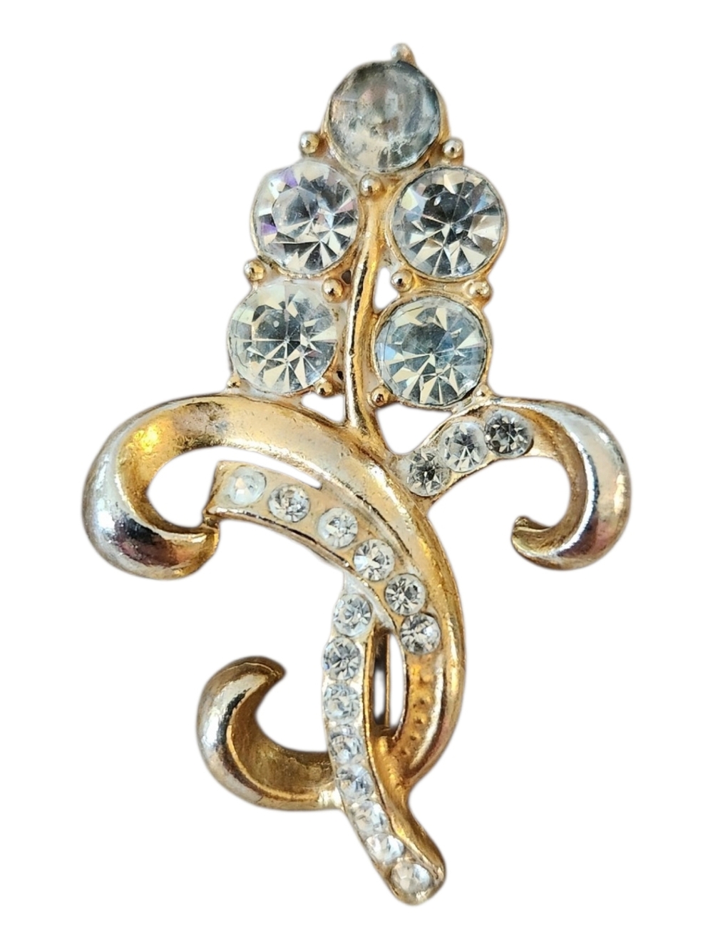 Gold-Tone Crystal Floral Scroll Brooch - Clear Crystal Accent